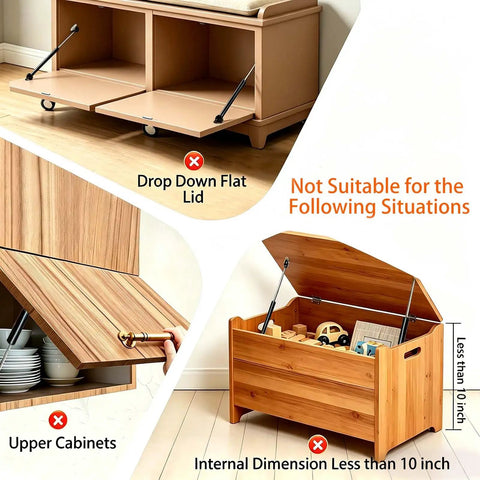 Image showing unsuitable uses for 2 Pack 15 Inch Soft Close Toy Box Hinges With Gas Strut Safety Lid Support with illustrations.