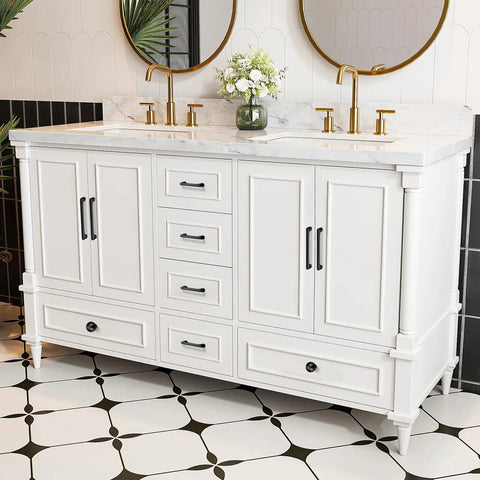 White vanity with Matte Black Modern Cabinet Pulls 3 Pack With 3 Inch Hole Center 76mm And 3.4 Inch Total Length Durable Zinc Handles