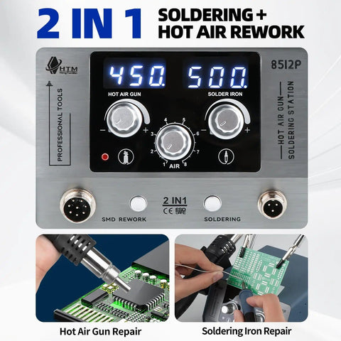 Powerful 2-In-1 Hot Air Soldering Station Workhorse for Electronics PCB Repair with digital display and soldering tips