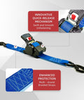 Heavy Duty 2 Inch By 10 Foot Retractable Ratchet Straps Set 4500 Lbs Load Rating Blue Tie Down Straps showcasing quick-release mechanism