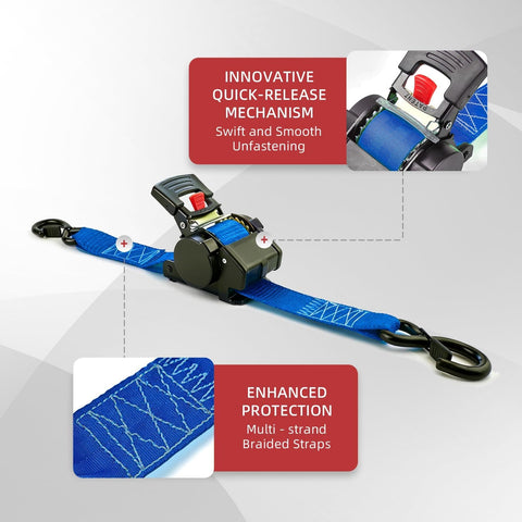 Heavy Duty 2 Inch By 10 Foot Retractable Ratchet Straps Set 4500 Lbs Load Rating Blue Tie Down Straps showcasing quick-release mechanism
