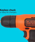 Close-up of Eight Volt Max Cordless Drill With Forty Three Piece Home Decor Project Kit Including Level And Bits And Fasteners