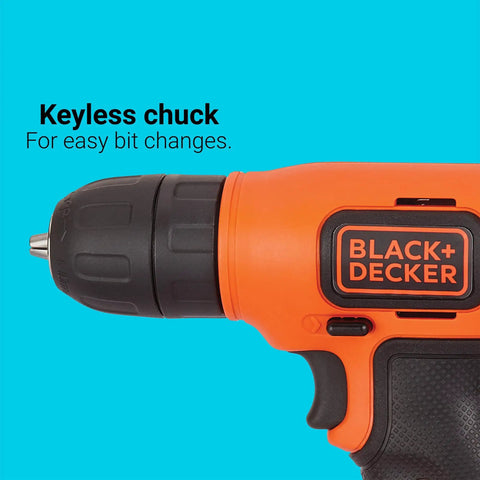 Close-up of Eight Volt Max Cordless Drill With Forty Three Piece Home Decor Project Kit Including Level And Bits And Fasteners