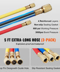 Front view of three 5 ft AC refrigerant manifold hoses with brass fittings in yellow, red, and blue for automotive charging