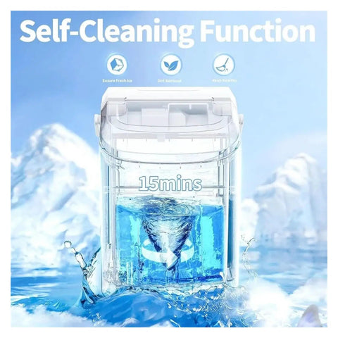 Hella Portable Countertop Ice Maker Self-Cleaning Function with water, ensuring fresh ice in 15 mins.