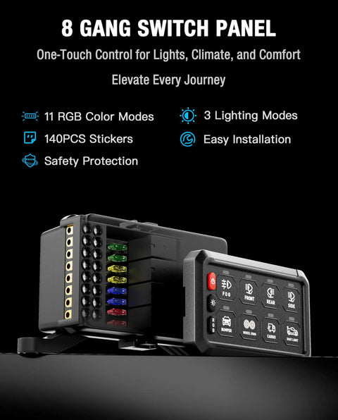 Eight Gang RGB Switch Panel With Waterproof Relay Box Adjustable Brightness Acc Wired LED Pod And Touch Toggle display