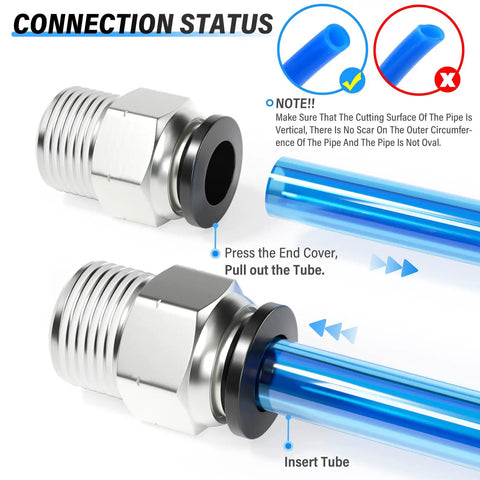 Pneumatic Straight Push To Connect Fittings One Half Inch Tube Outer Diameter To Three Eighth Inch NPT Thread Copper And Plastic
