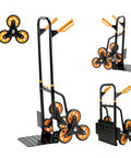 Heavy Duty Stair Climbing Dolly With Rolling Tracks And Swivel Casters Makes Moving Furniture Or Appliances Upstairs A Total Breeze. This Folding Hand Truck Carries Two Hundred Sixty Five Pounds For Rock Solid Balance On Every Step., featuring orange wheels and sturdy metal frame.