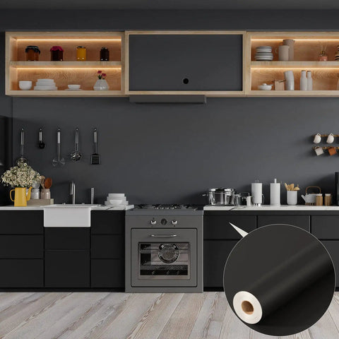 Kitchen with Smooth Black Peel And Stick Wallpaper 24 X 393 Inches Self Adhesive Vinyl Contact Paper, modern cabinets.
