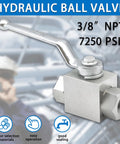 Hydraulic ball valve, angled view, 3/8 in NPT, 7250 PSI, metal body with lever.