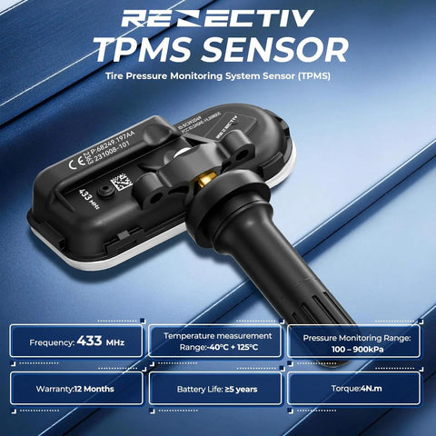 TPMS Sensor Set Of 4 433MHz Tire Pressure Monitoring System Pre Programmed Auto Relearn Replacement For Your Ride Make Model Year High Quality New Sensors Ready To Roll After A Quick 20 Minute Drive black 433MHz sensor close-up