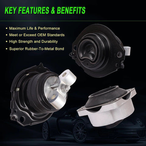 Set Of 3 Engine Motor Mounts For 2011 2022 Dodge Charger Challenger And Chrysler 300 3.6L V6 5.7L V8 Replacement Drop In Direct Fit OE 5090140AG 52124671AE A5522 A5388 3262 3162 shown with features