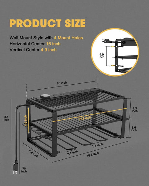 Wall Mount Power Tool Organizer With Six AC Outlets And Charging Station Three Tier Drill Rack For Garage Heavy Duty Tool Storage For Drills And Accessories dimensions diagram