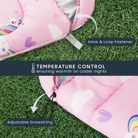Unicorn Rainbow Clouds Pink Kids Sleeping Bag For Girls 61x26 Inches Lightweight 2.9 Lb 3 Season Camping And Sleepovers Cozy Backpacking Liner featuring adjustable drawstring and hook loop fastener for temperature control on grass