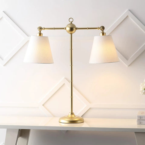 Gold 31 Inch Two Light Contemporary Farmhouse Iron Table Lamp With Adjustable Arm And White Linen Shades on sideboard