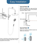 Installation guide for All Metal 3 Way Shower Arm Diverter Valve With 16 Inch Shower Head Extension Arm instructions and measurements.