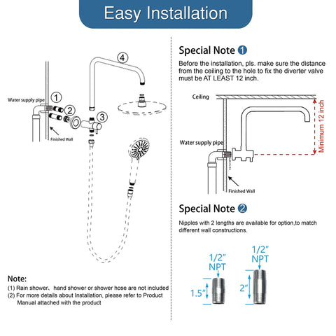 Installation guide for All Metal 3 Way Shower Arm Diverter Valve With 16 Inch Shower Head Extension Arm instructions and measurements.