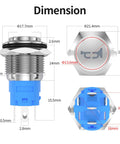 Diagram of 12V Momentary Horn Push Button Switch With Blue LED and Stainless Steel 16mm Metal Switch dimensions