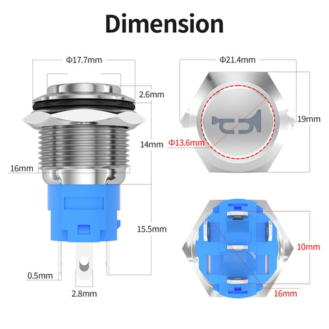 Diagram of 12V Momentary Horn Push Button Switch With Blue LED and Stainless Steel 16mm Metal Switch dimensions