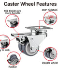 Heavy Duty 2 Inch Double Wheel Casters With Roller Brake 4 Pack showing durable brakes and 360° rotation features.