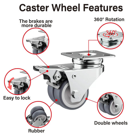 Heavy Duty 2 Inch Double Wheel Casters With Roller Brake 4 Pack showing durable brakes and 360° rotation features.