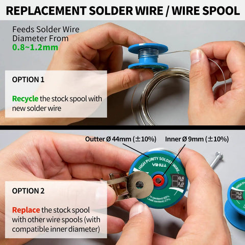 Hands demonstrating wire spool replacement for Industrial Automatic Soldering Gun Kit With Digital Display And Temperature Control Motorized Solder Wire Feed And Stabilization Includes 80g Solder Wire For Precision Electronics Repairs Boss Level Workshop Ready