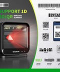 Hands Free USB Barcode Scanner With Auto Sensor Trigger Reads 1D 2D And QR Codes No Fuss Fast For POS Retail Warehouse And Inventory Management Plug And Play with barcode types displayed on screen.