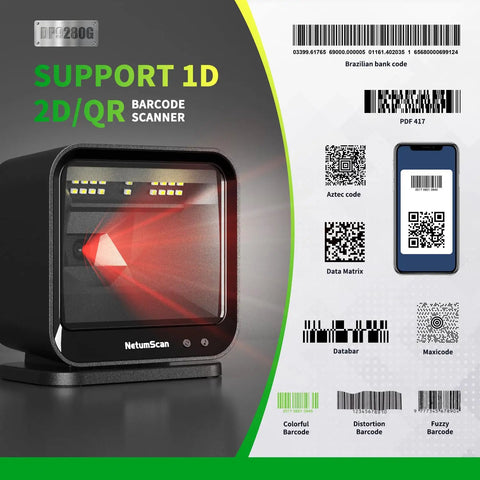 Hands Free USB Barcode Scanner With Auto Sensor Trigger Reads 1D 2D And QR Codes No Fuss Fast For POS Retail Warehouse And Inventory Management Plug And Play with barcode types displayed on screen.