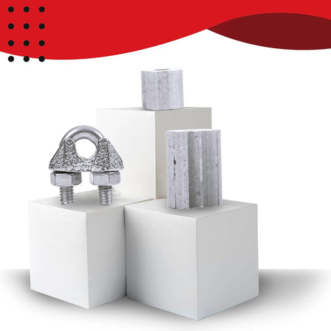 All In One DIY Friendly Garage Door Cable Replacement Kit with hardware components on display, against a white and red backdrop.