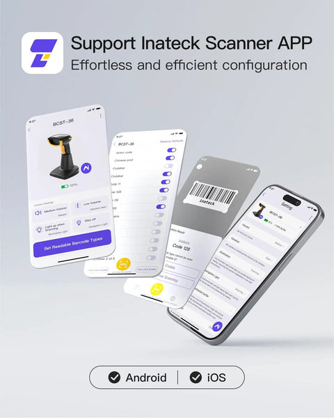 Inateck app interface for Bluetooth Barcode Scanner 2D Handheld, Wireless 2D QR Code Scanner With 2600mAh Battery, BCST-36 on phones