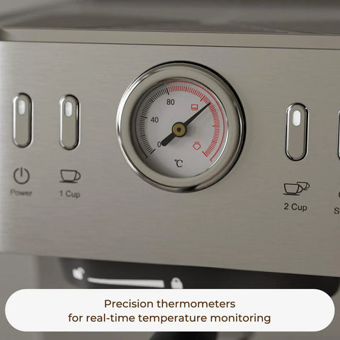 Compact Espresso Machine With 20 Bar Pressure And Digital Temp Display showing precision thermometer and control buttons.