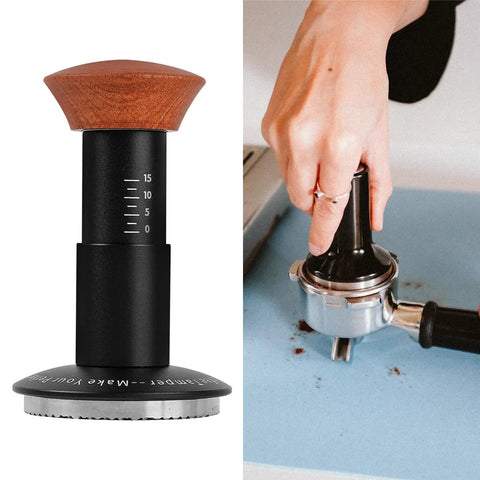 Heavy Hitter Spring Loaded Coffee Tamper With Precision Distribution Leveler And Clear Pressure Scale For Flawless Espresso Pucks on counter