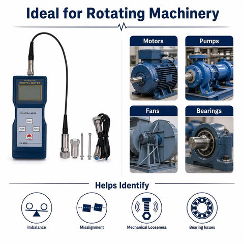 Digital Vibration Meter VM-6320 for Vibration Analysis and Mechanical Vibration Meters on display with probe, for motors, pumps, fans, and bearings