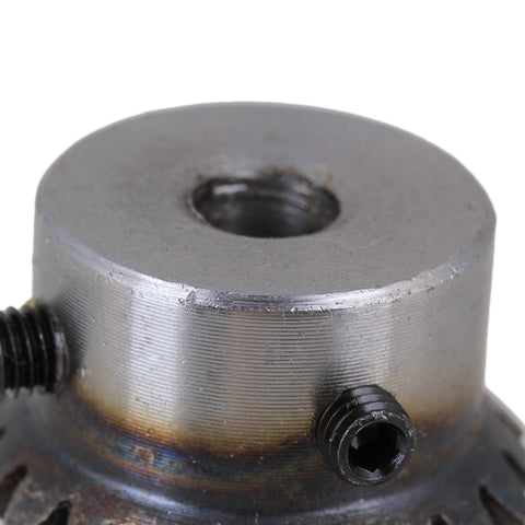 Close-up of a Beefy 45 Steel 1.5 Modulus Tapered Bevel Gear Wheel, showcasing 8mm hole diameter and sturdy construction, silver finish