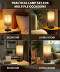 Black Fully Dimmable Nightstand Lamps Set Of 2 With USB C And USB A Ports, 2 AC Outlets, Square Linen Fabric Shade in bedroom and living room settings
