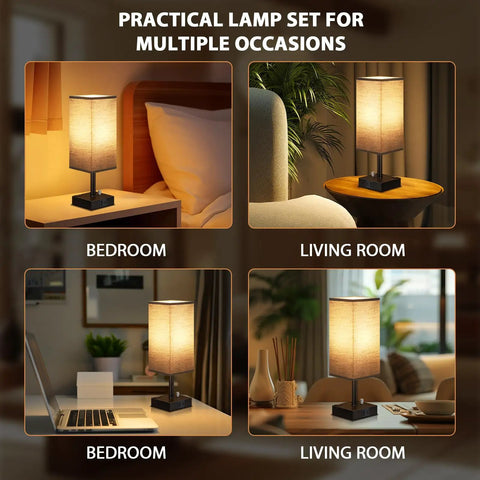 Black Fully Dimmable Nightstand Lamps Set Of 2 With USB C And USB A Ports, 2 AC Outlets, Square Linen Fabric Shade in bedroom and living room settings