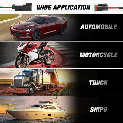 2 Pin DT Waterproof Electrical Connectors Kit 16AWG shown with automobile, motorcycle, truck, and marine applications.
