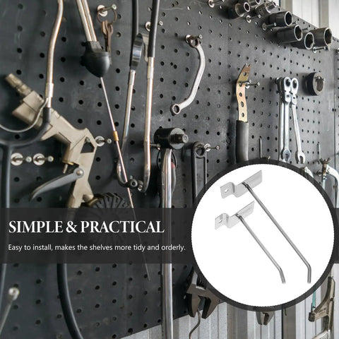 Heavy Duty Slatwall Hook Set 50 Pack for Retail Displays shown on a pegboard with tools, sturdy iron metal hangers example.
