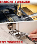 All In One Sewing Machine Cleaning Kit With 35 Pieces Including Silicone Bristle Brushes In Tower Sphere Knife And Pineapple Shapes Plus Seam Rippers Slotted And Phillips Screwdrivers Bent And Straight Tweezers Lint Brush For DIYers showing use of straight and bent tweezers on fabric