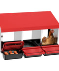 Red Metal Chicken Nesting Box With Swing Perch And Rollout Egg Collection For Chicken Coop Red Three Compartments No Fuss Egg Pickup And Safe Rolling Design To Prevent Pecking And Keep Eggs Clean with chicken inside