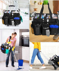 Extra Large Rolling Cleaning Caddy With Built In Hard Support Board And Detachable Trolley in use and on display, showcasing multiple pockets and handle.