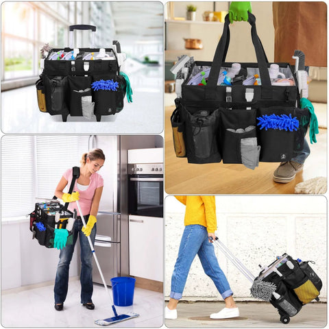 Extra Large Rolling Cleaning Caddy With Built In Hard Support Board And Detachable Trolley in use and on display, showcasing multiple pockets and handle.