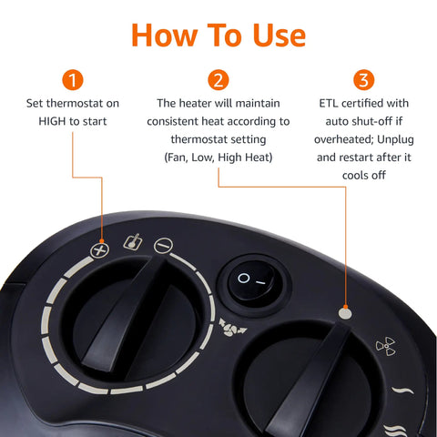 Close-up of control panel on Portable Ceramic Space Heater With 45 Degree Oscillation For Even Heat, Three Settings Including High 1500W, Medium, And Low 900W, Thermostat, Overheat And Tip Over Protection, Black showcasing usage instructions.