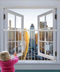 Adjustable Child Safety Window Guard Bars Keep The Kiddos Secure Interior Fall Prevention Rig white frame shows baby near open window.