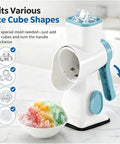 Manual Ice Shaver With 16 Stainless Steel Blades showing ice cubes on top and fluffy shaved ice in a bowl