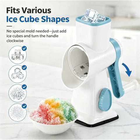 Manual Ice Shaver With 16 Stainless Steel Blades showing ice cubes on top and fluffy shaved ice in a bowl
