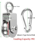 2 Inch U Type Swivel Pulley With 992 Lbs Load Capacity Heavy Duty 304 Stainless Steel Pulley Roller Super Silent Detachable 360 Degree Swivel Wheel And Spring Snap Hook, 304 stainless steel, 68mm, with snap hook