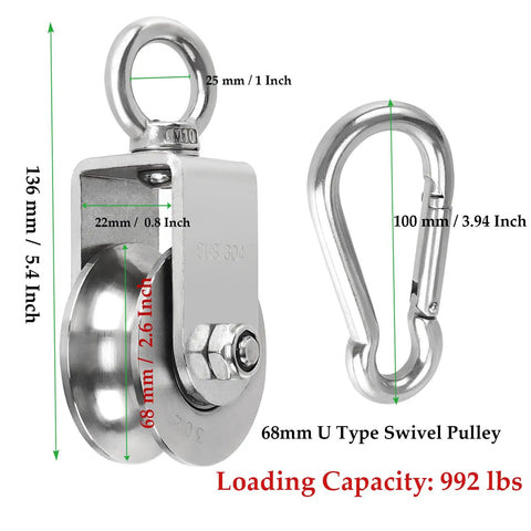 2 Inch U Type Swivel Pulley With 992 Lbs Load Capacity Heavy Duty 304 Stainless Steel Pulley Roller Super Silent Detachable 360 Degree Swivel Wheel And Spring Snap Hook, 304 stainless steel, 68mm, with snap hook
