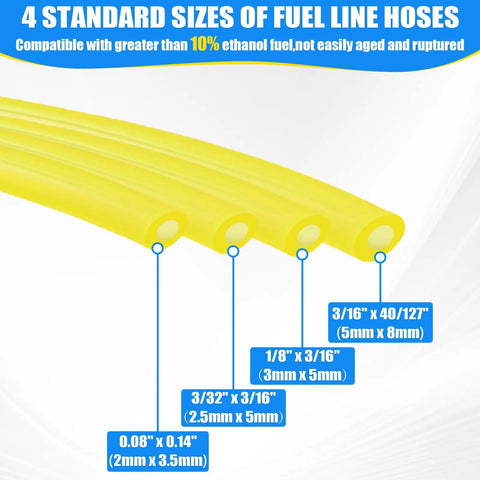 4 Size Fuel Line Repair Kit With 4 Feet Of Durable Lines For Chainsaws And Trimmers showing 4 standard yellow hose sizes