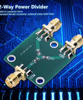 Badass Two Way RF Power Splitter With Rock Solid SMA Connectors And Reliable Resistance Power Divider For Industrial Builds Guaranteeing Sweet Signal Distribution From DC To Five GHz Straight Up on a circuit background.